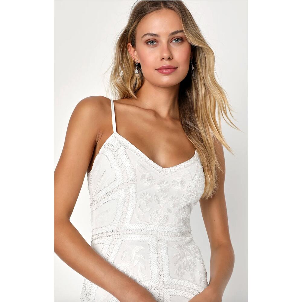 Lulus Alluring Interest White Sequin Embroidered Sleeveless Midi Dress Small NWT - Picture 2 of 13